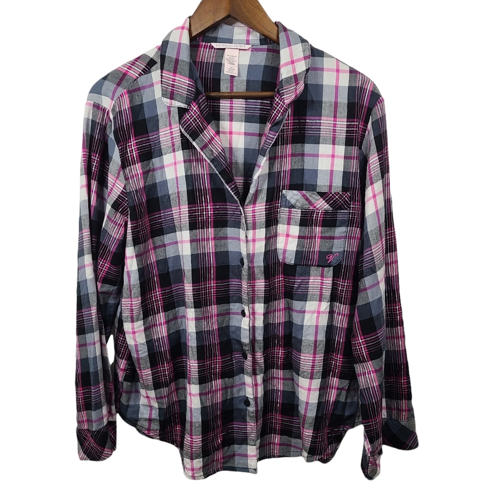 Victoria Secret Plaid Button Front Sleep Shirt Large